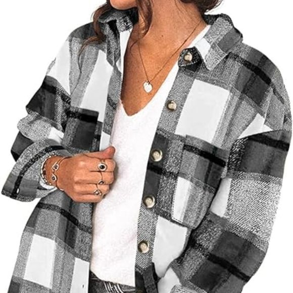 Women's Oversized Plaid Button Down Boyfriend Shirt Quilted Lined Shacket Jacket - Picture 1 of 5